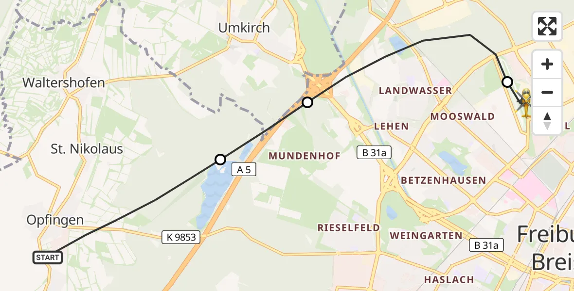 Routekaart van de vlucht: Rettungshubschrauber nach Freiburg im Breisgau Airfield