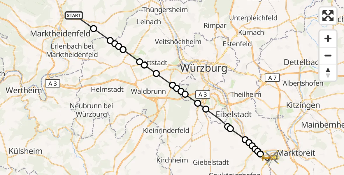 Flugroute Rettungshubschrauber Karbach - Ochsenfurt Hospital Heliport, 05 März 2026, 07:52