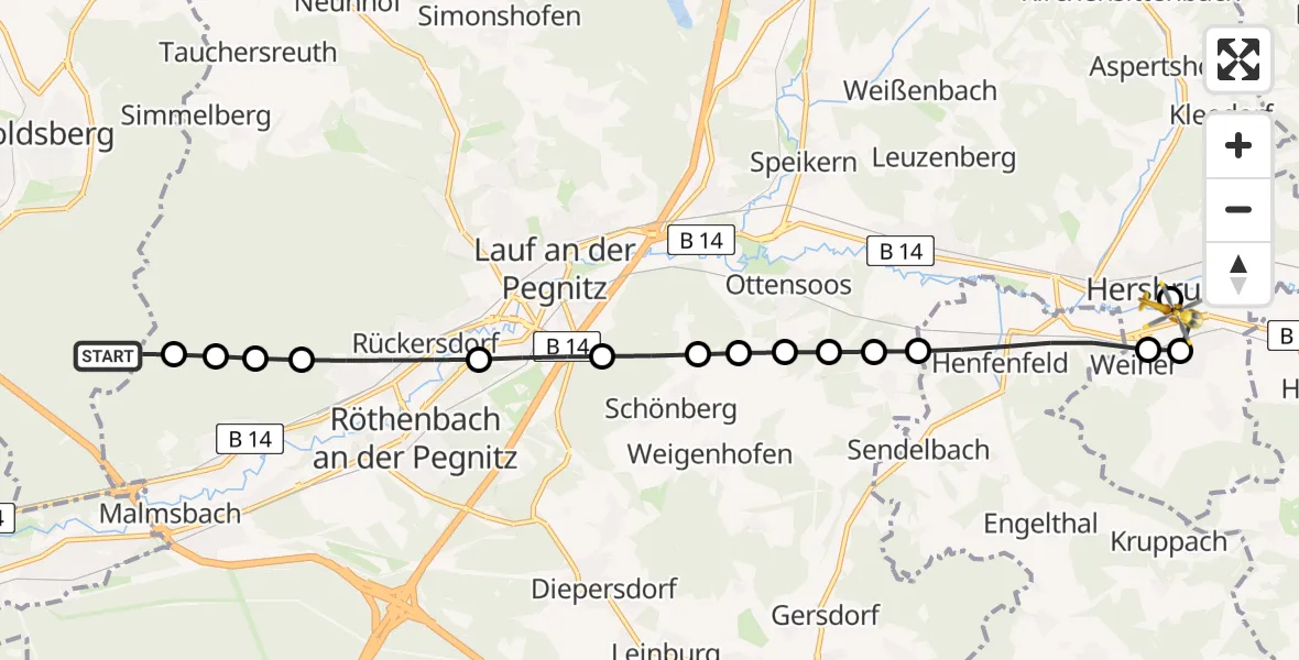 Routekaart van de vlucht: Rettungshubschrauber nach Weiher, Michael-Roiger-Weg
