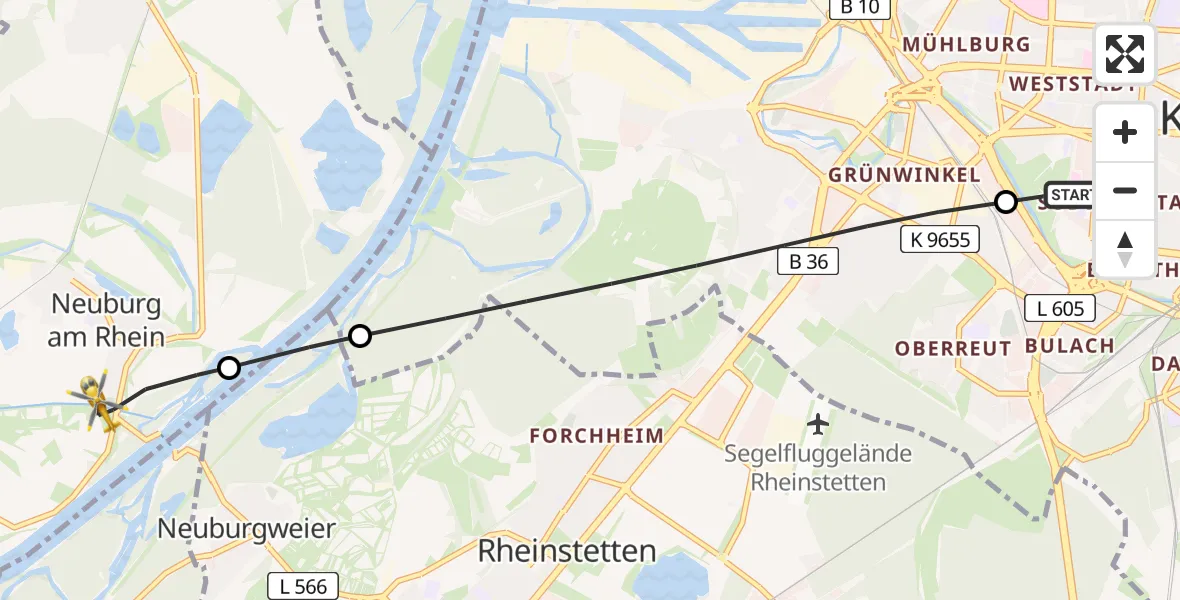 Flugroute Rettungshubschrauber Sankt Vincentius Hospital Heliport - Neuburg am Rhein, 05 März 2026, 08:45