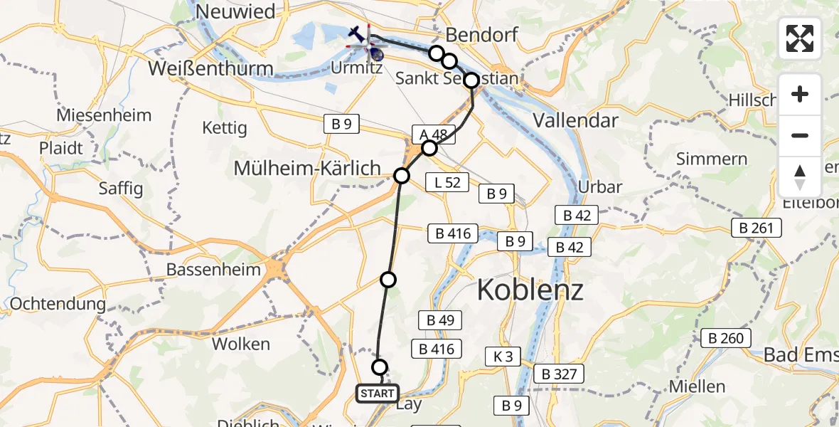 Flugroute Polizeihubschrauber Koblenz-Winningen Airfield - Neuwied, 05 März 2026, 08:59