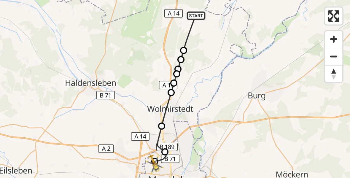 Flugroute Rettungshubschrauber Burgstall - Magdeburg Hospital Heliport, 05 März 2026, 09:06