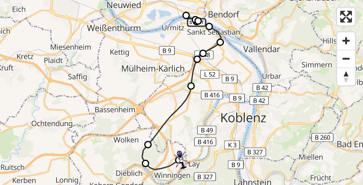 Flugroute Polizeihubschrauber Kaltenengers - Koblenz-Winningen Airfield, 05 März 2026, 09:14