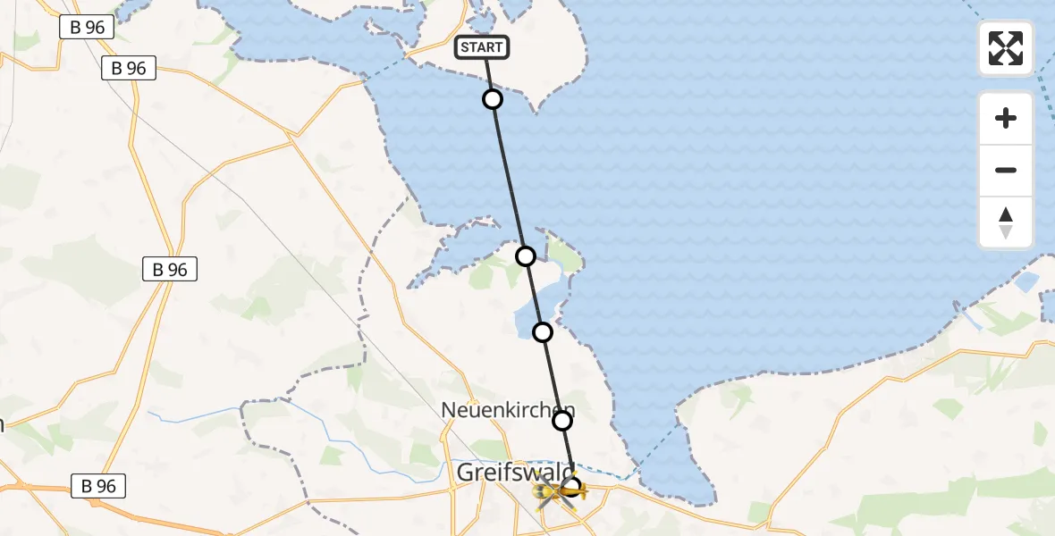 Routekaart van de vlucht: Rettungshubschrauber nach Greifswald Hospital Heliport