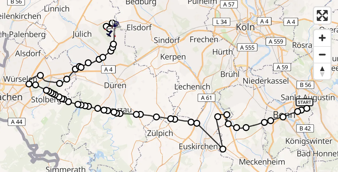 Flugroute Polizeihubschrauber Sankt Augustin - Niederzier, 05 März 2026, 09:22