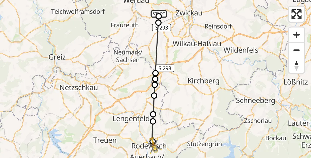Flugroute Rettungshubschrauber ADAC Air Rescue Station Zwickau Heliport - Rodewisch, 05 März 2026, 09:25