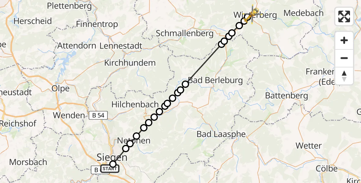 Flugroute Rettungshubschrauber Evangelisches Jung-Stilling Hospital Helipad - Winterberg, 05 März 2026, 09:34