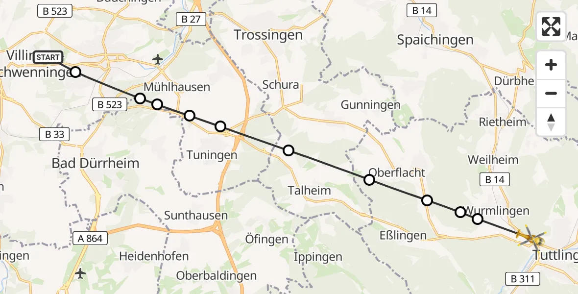 Flugroute Rettungshubschrauber DRF Air Rescue Station Villingen-Schwenningen Heliport (Christoph 11) - Tuttlingen, 05 März 2026, 09:35