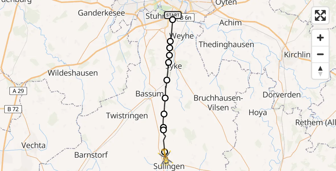Flugroute Rettungshubschrauber ADAC Air Rescue Station Bremen Heliport (Christoph 6) - Sulingen, 05 März 2026, 09:42