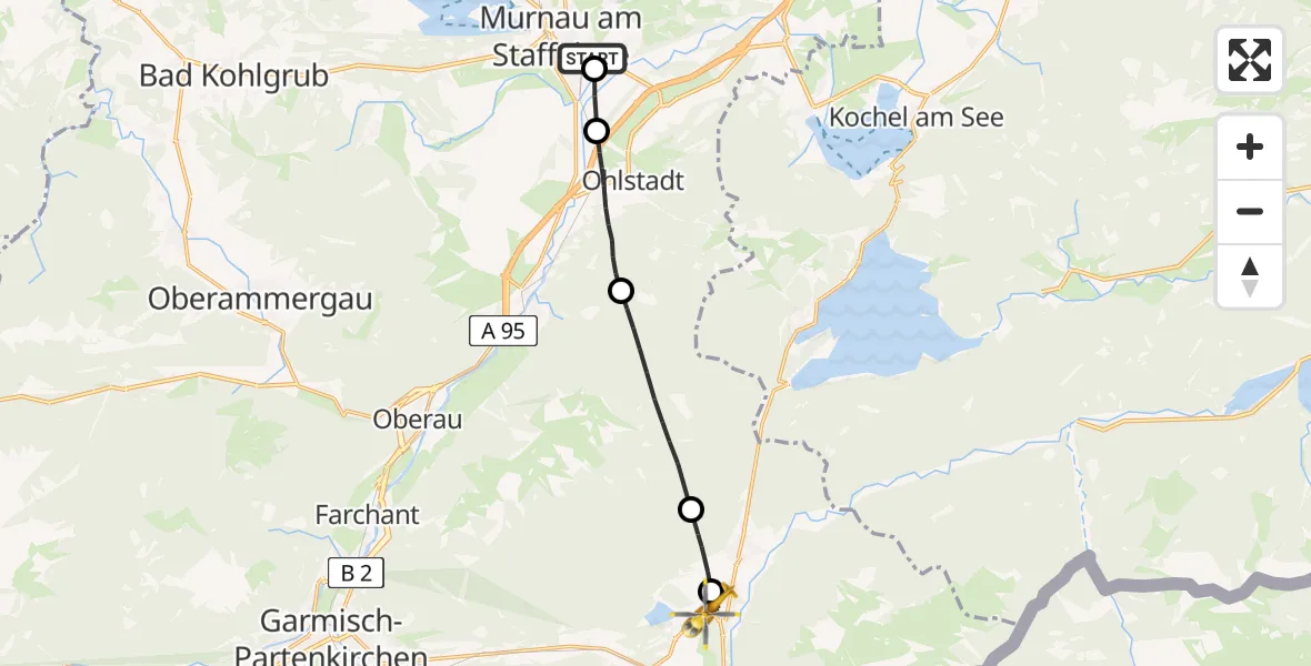 Flugroute Rettungshubschrauber Murnau Accident Hospital Heliport - Krün, 05 März 2026, 09:43