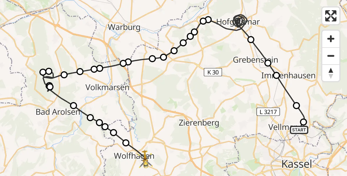 Flugroute Rettungshubschrauber Fuldatal Federal Police Heliport - Wolfhagen, 05 März 2026, 09:52