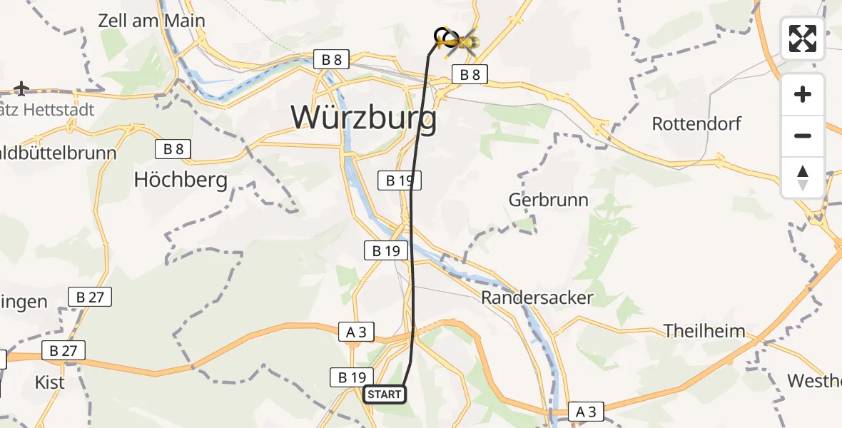 Flugroute Rettungshubschrauber Würzburg - Würzburg University Hospital Rooftop Heliport, 05 März 2026, 09:59