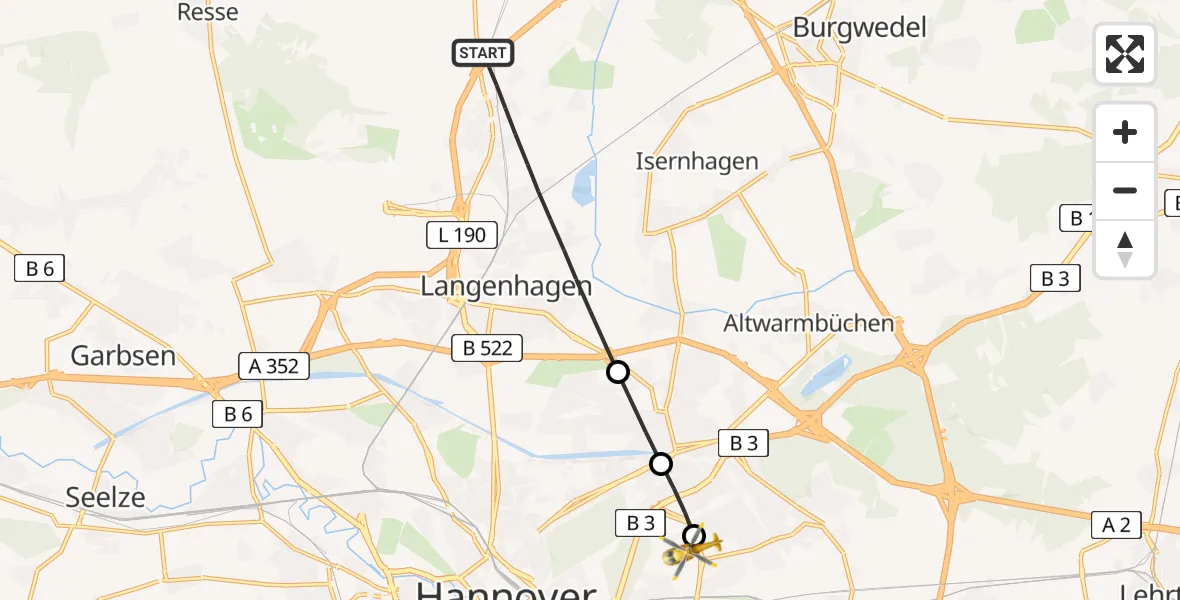 Flugroute Rettungshubschrauber Langenhagen - Hannover Air Rescue Heliport (Christoph 4), 05 März 2026, 10:02
