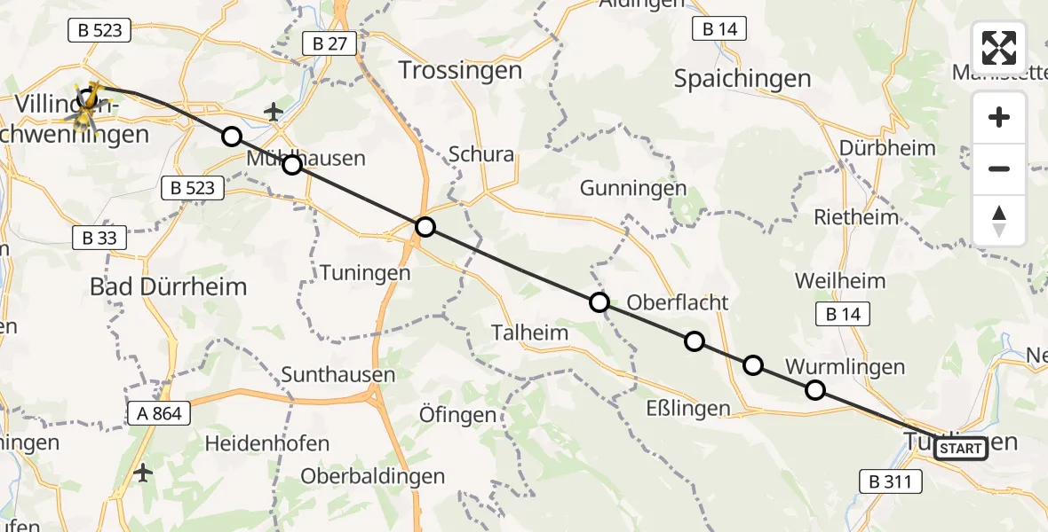 Flugroute Rettungshubschrauber Tuttlingen - DRF Air Rescue Station Villingen-Schwenningen Heliport (Christoph 11), 05 März 2026, 10:04