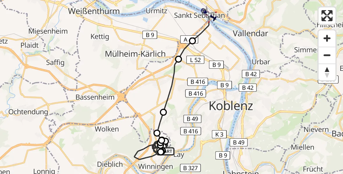 Flugroute Polizeihubschrauber Koblenz-Winningen Airfield - Bendorf, 05 März 2026, 10:09