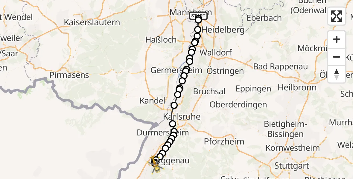 Flugroute Rettungshubschrauber Mannheim-City Airport - Balg, 05 März 2026, 10:13