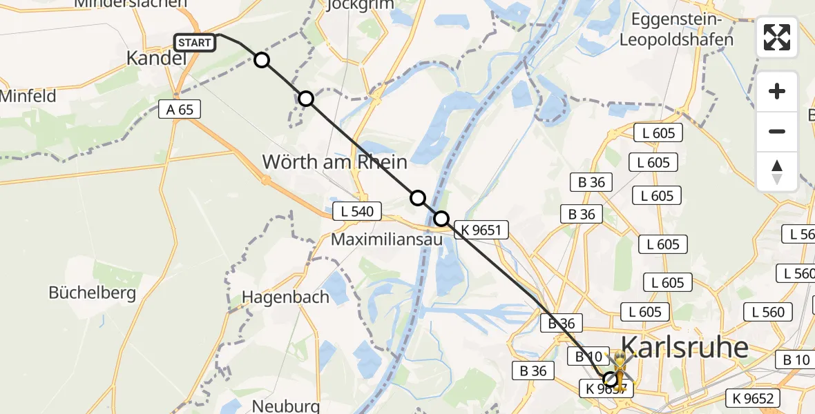 Flugroute Rettungshubschrauber Kandel - Sankt Vincentius Hospital Heliport, 05 März 2026, 10:14