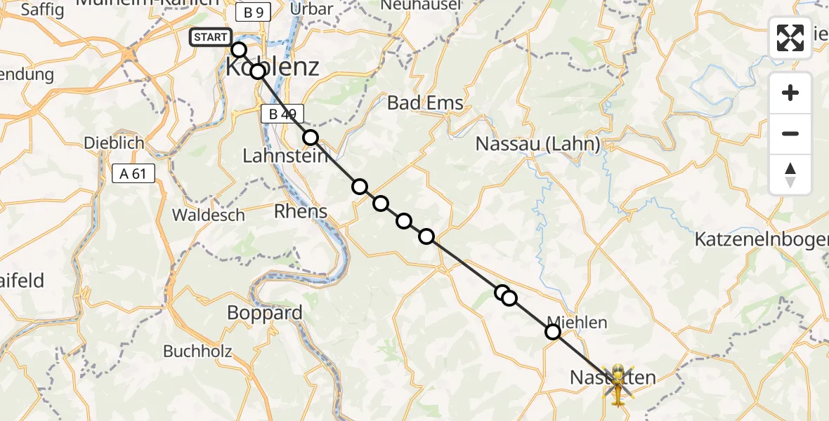 Flugroute Rettungshubschrauber Koblenz - Nastätten, 05 März 2026, 10:24