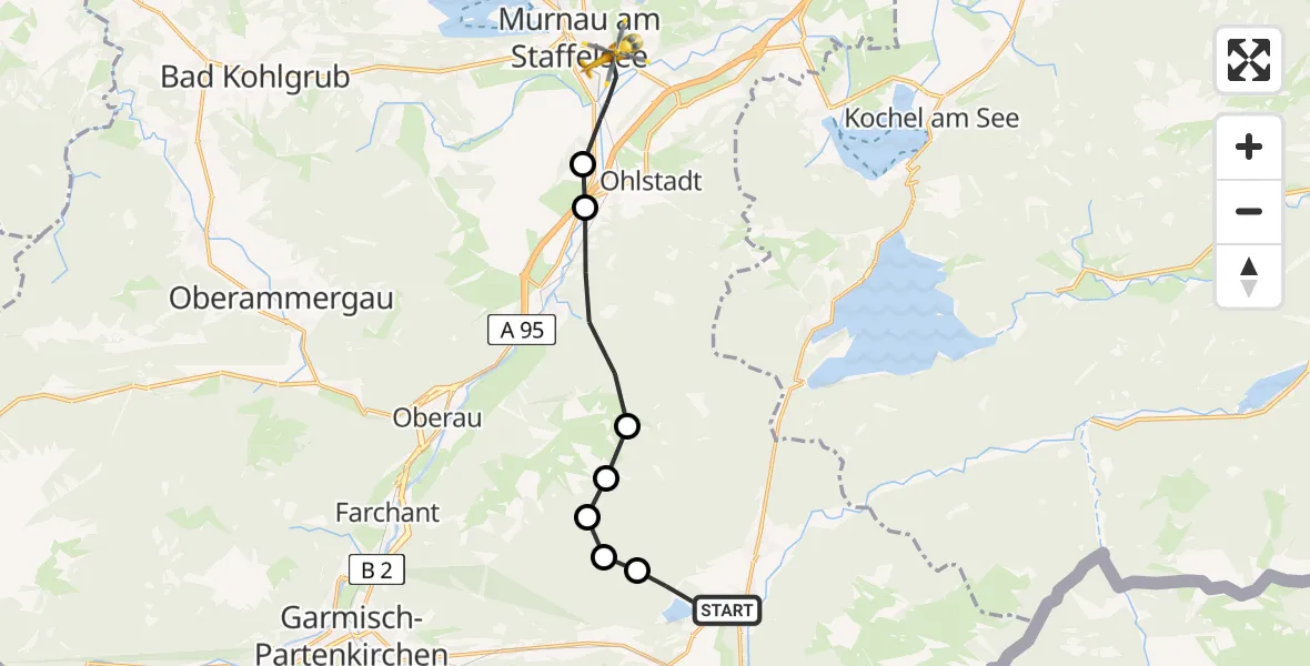 Flugroute Rettungshubschrauber Krün - Murnau Accident Hospital Heliport, 05 März 2026, 10:25