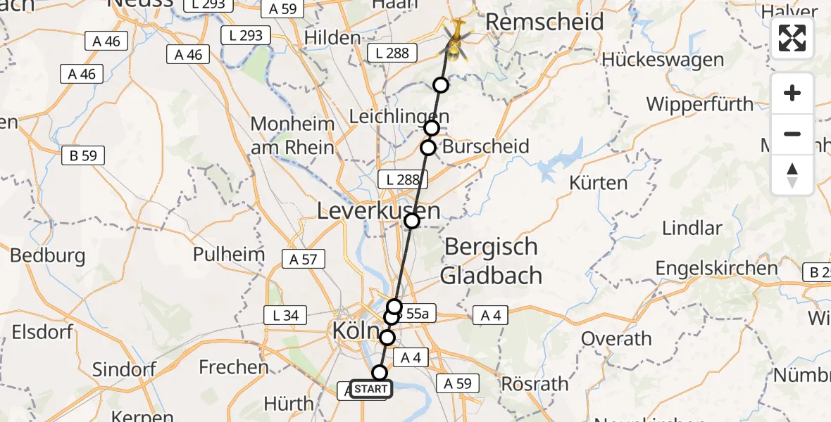 Flugroute Rettungshubschrauber Rodenkirchen - Solingen, 05 März 2026, 10:36