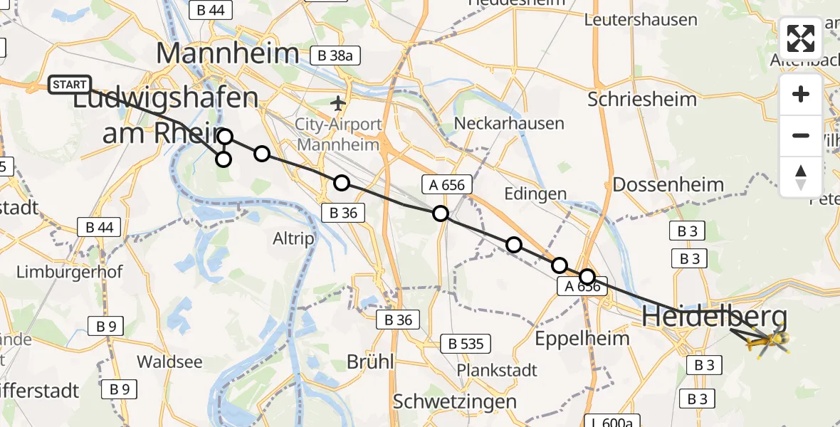 Flugroute Rettungshubschrauber Ludwigshafen am Rhein - Heidelberg, 05 März 2026, 10:36