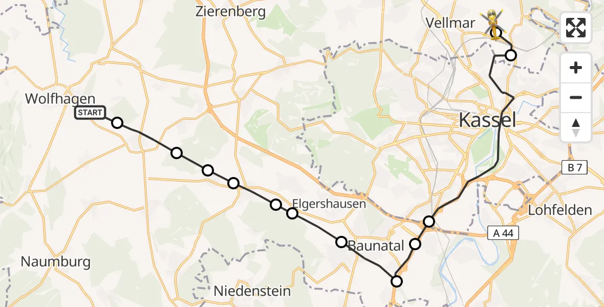 Flugroute Rettungshubschrauber Wolfhagen - Fuldatal Federal Police Heliport, 05 März 2026, 10:41