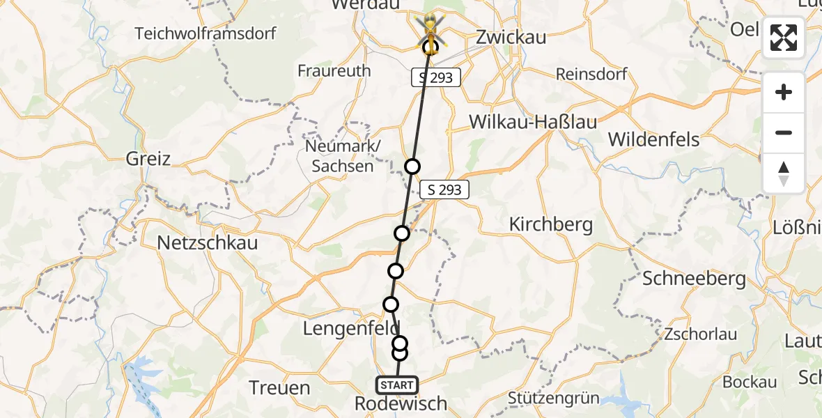 Flugroute Rettungshubschrauber Rodewisch - ADAC Air Rescue Station Zwickau Heliport, 05 März 2026, 10:51