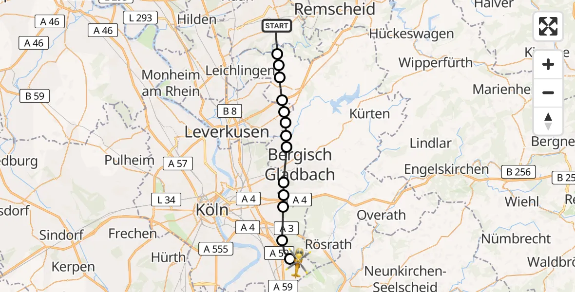 Flugroute Rettungshubschrauber Solingen - Cologne Bonn Airport, 05 März 2026, 10:52