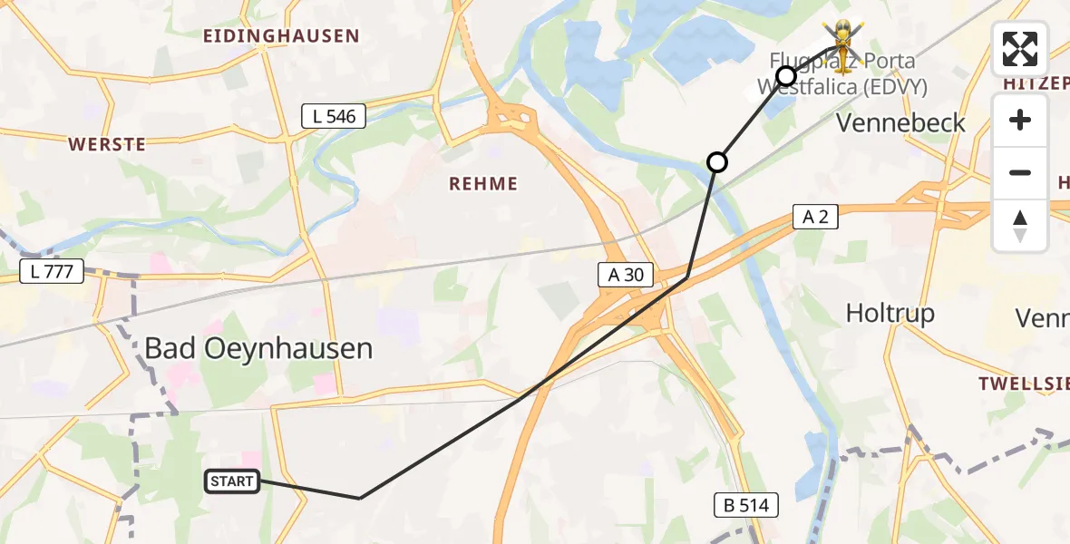 Flugroute Ambulanzhubschrauber Bad Oeynhausen - Porta Westfalica Airfield, 05 März 2026, 10:57