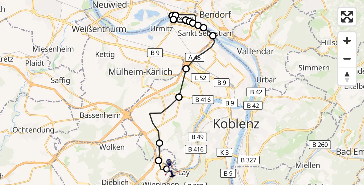 Flugroute Polizeihubschrauber Neuwied - Koblenz-Winningen Airfield, 05 März 2026, 11:00
