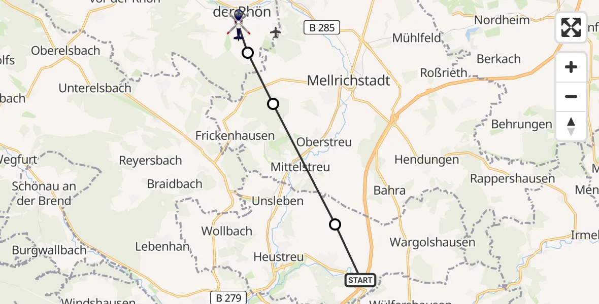 Routekaart van de vlucht: Polizeihubschrauber nach Ostheim vor der Rhön, Auf der Bündt