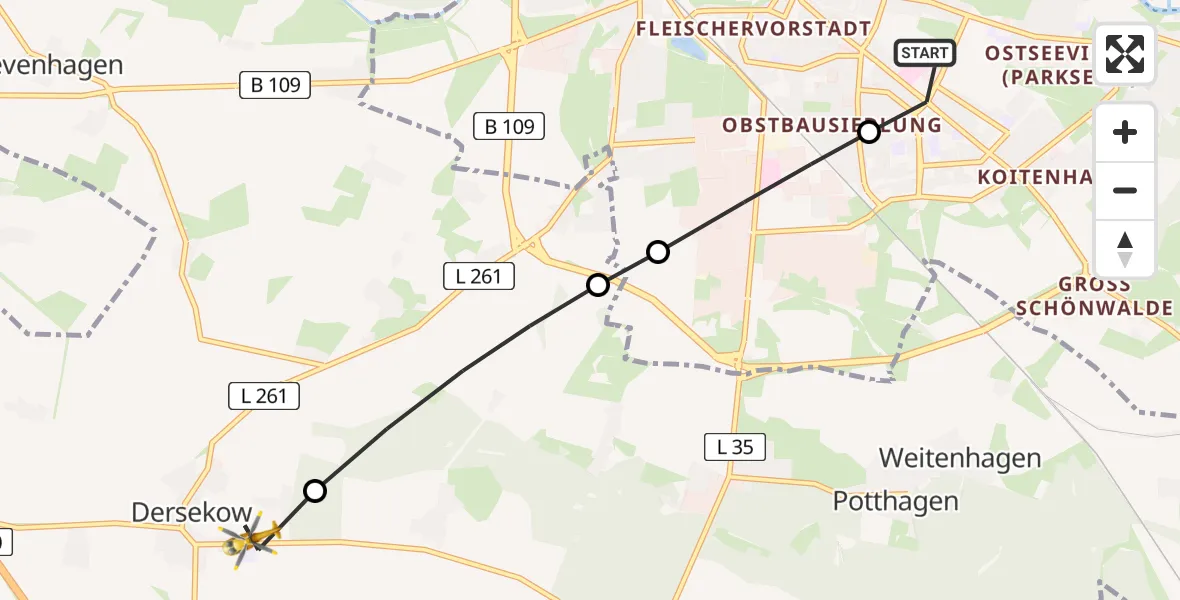 Flugroute Rettungshubschrauber Greifswald Hospital Heliport - Dersekow, 05 März 2026, 11:15