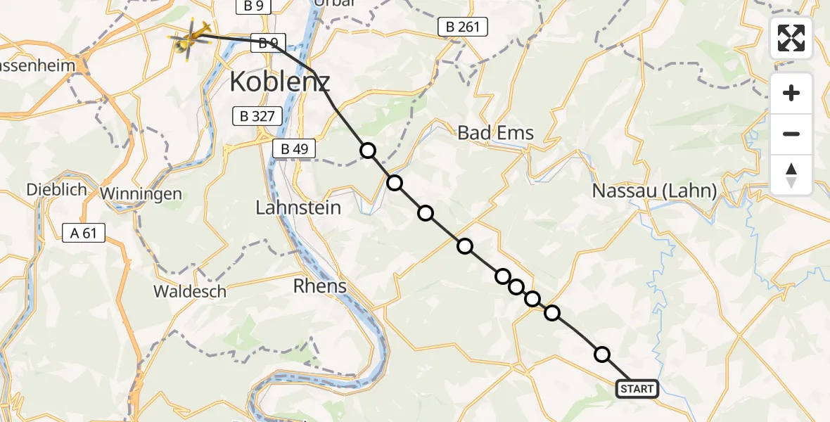 Routekaart van de vlucht: Rettungshubschrauber nach Koblenz, Rübenacher Straße