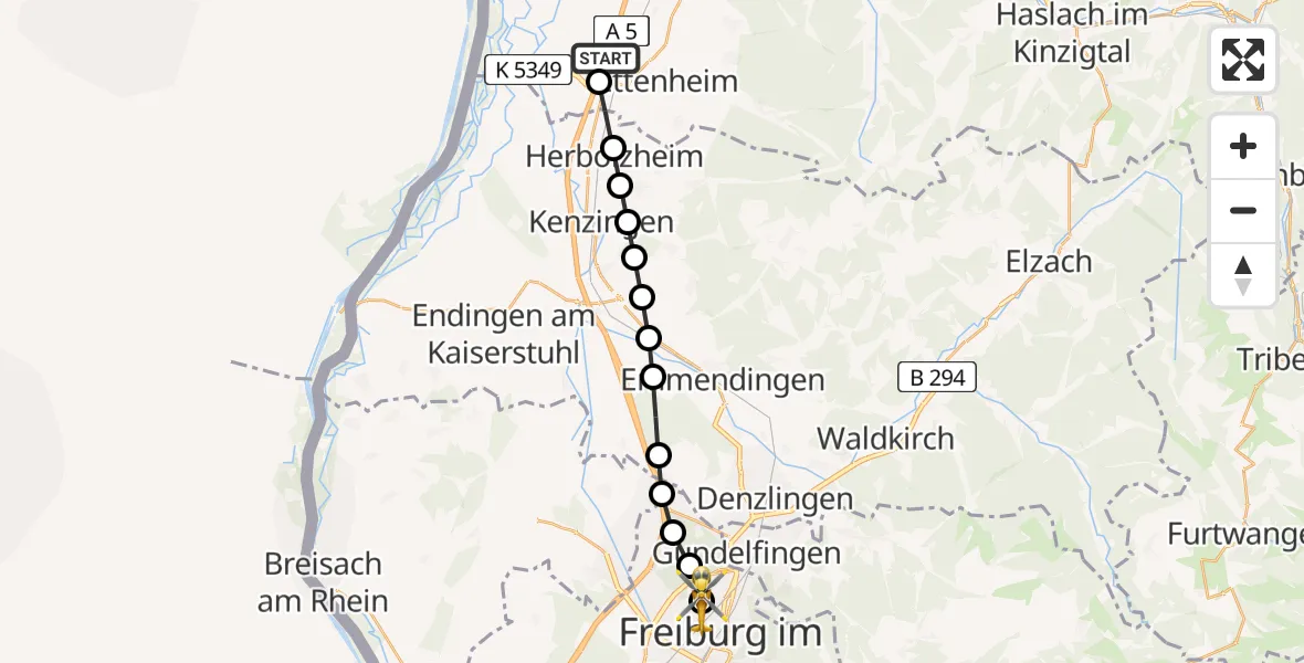 Routekaart van de vlucht: Rettungshubschrauber nach Freiburg im Breisgau Airfield