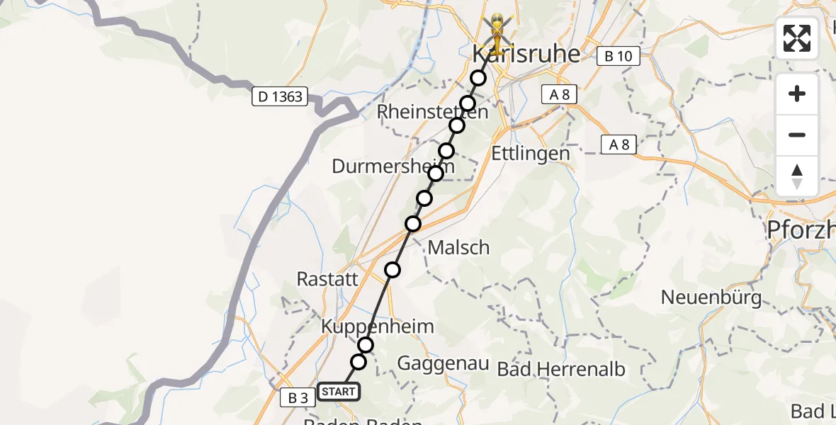 Flugroute Rettungshubschrauber Balg - Karlsruhe, 05 März 2026, 11:32