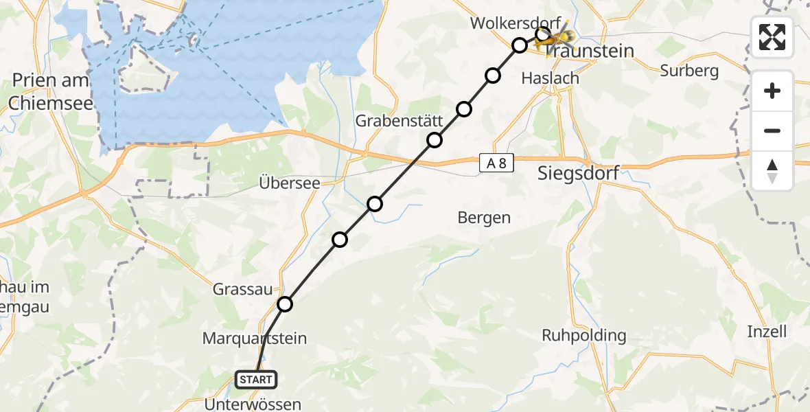 Flugroute Rettungshubschrauber Marquartstein - Traunstein Hospital Helipad, 05 März 2026, 11:37