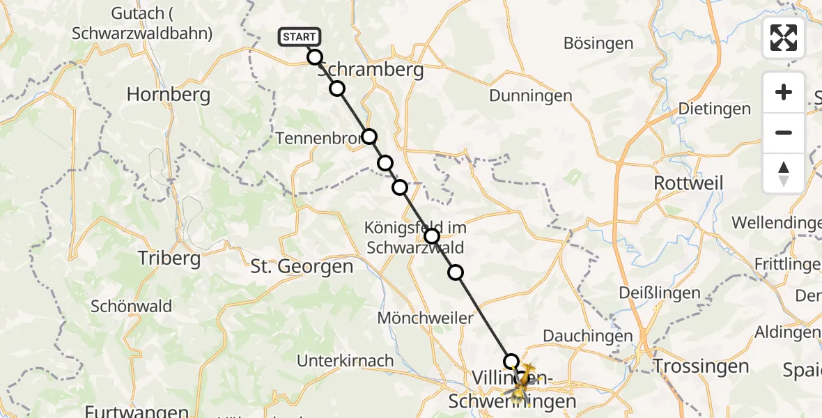 Routekaart van de vlucht: Rettungshubschrauber nach DRF Air Rescue Station Villingen-Schwenningen Heliport (Christoph 11)