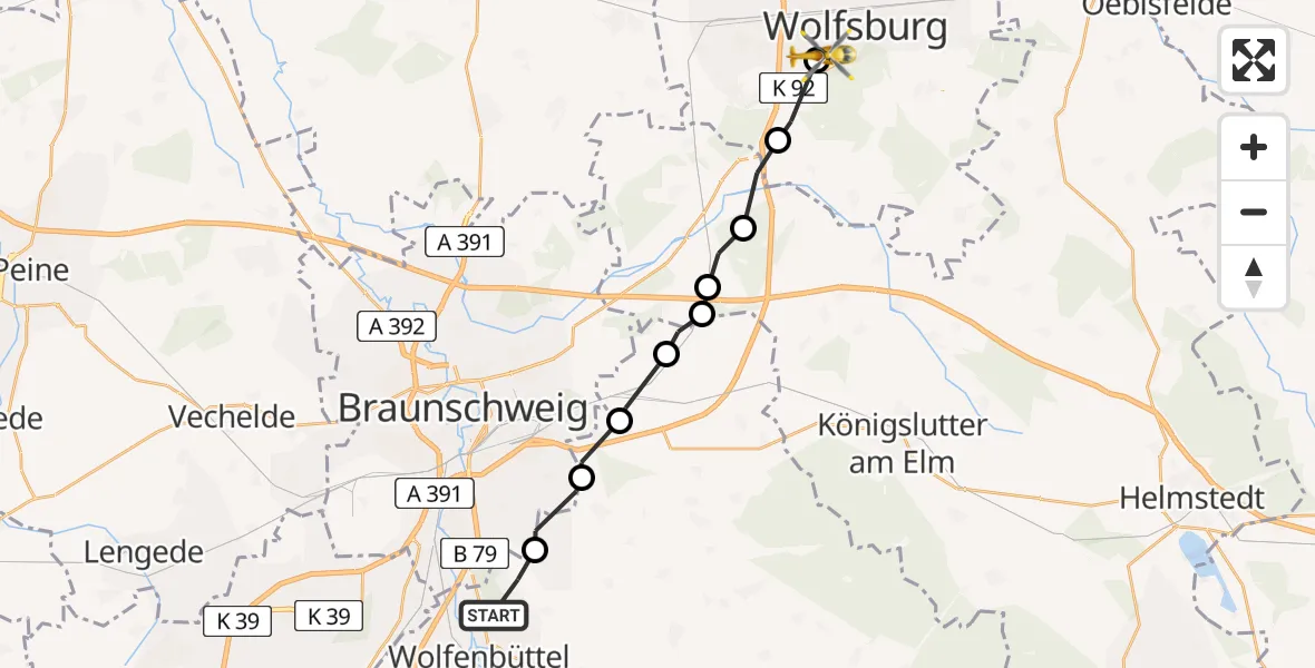 Flugroute Rettungshubschrauber Wolfenbüttel - Wolfsburg, 05 März 2026, 11:43