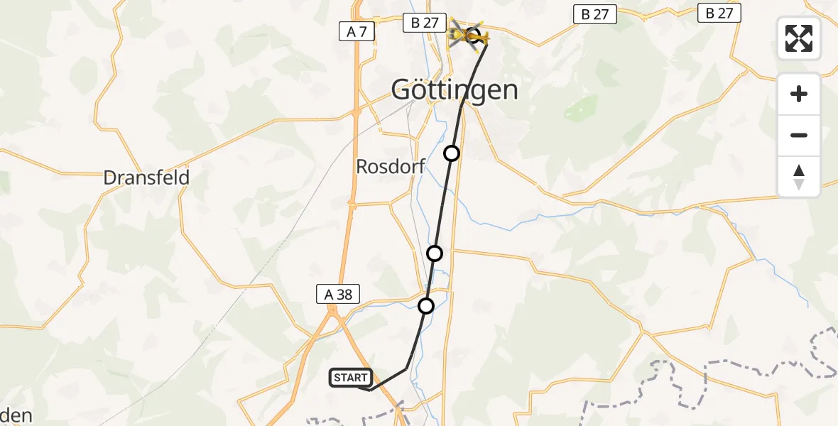 Flugroute Rettungshubschrauber Friedland - Göttingen University Clinic Heliport, 05 März 2026, 11:45