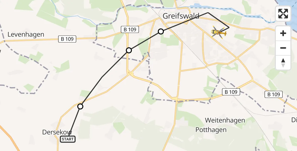 Flugroute Rettungshubschrauber Dersekow - Greifswald Hospital Heliport, 05 März 2026, 11:49
