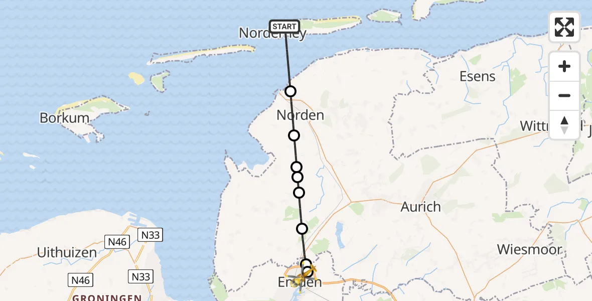 Flugroute Rettungshubschrauber Noordzee - Emden, 05 März 2026, 11:58