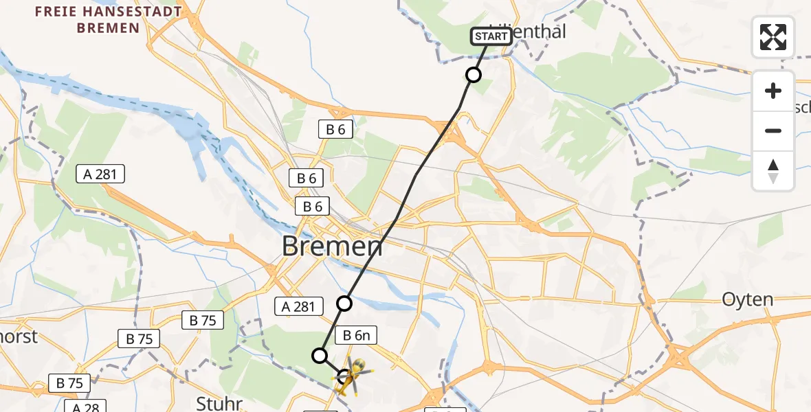 Flugroute Rettungshubschrauber Lilienthal - ADAC Air Rescue Station Bremen Heliport (Christoph 6), 05 März 2026, 12:02