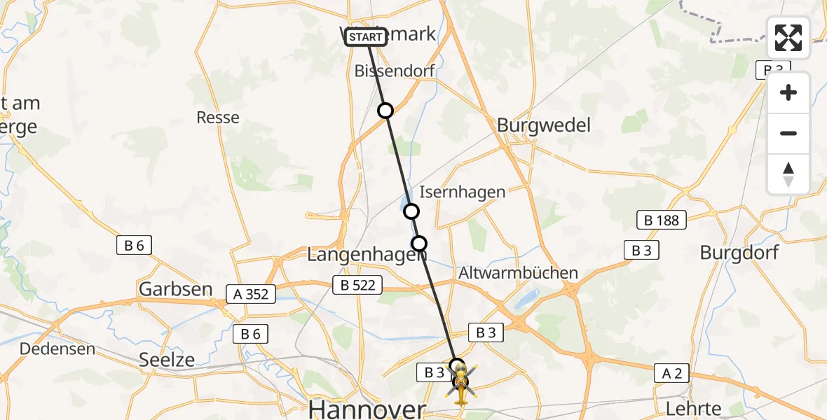 Flugroute Rettungshubschrauber Wedemark - Hannover Air Rescue Heliport (Christoph 4), 05 März 2026, 12:03