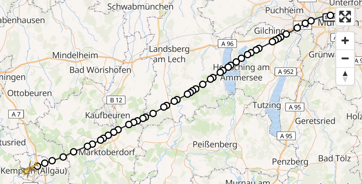 Flugroute Rettungshubschrauber Deutsches Herzzentrum München Heliport - Kempten (Allgäu), 05 März 2026, 12:06