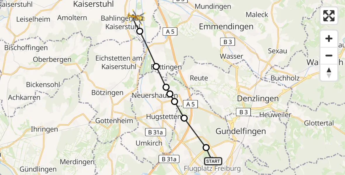 Flugroute Rettungshubschrauber Freiburg im Breisgau Airfield - Bahlingen am Kaiserstuhl, 05 März 2026, 12:12
