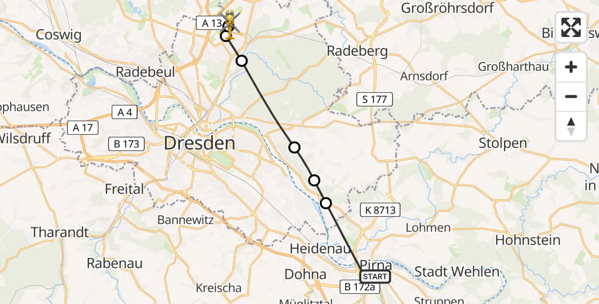 Flugroute Rettungshubschrauber Pirna - Dresden Federal Police Heliport, 05 März 2026, 12:14