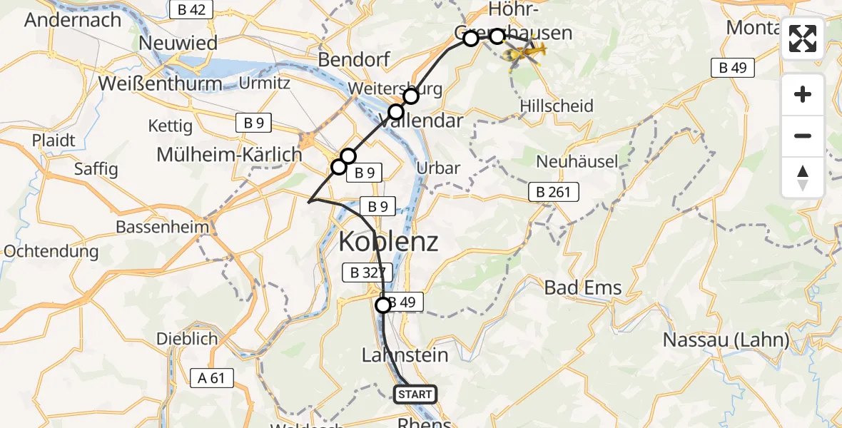 Flugroute Rettungshubschrauber Lahnstein - Höhr-Grenzhausen, 05 März 2026, 12:16