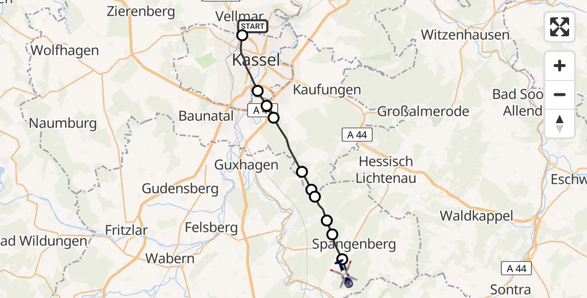 Routekaart van de vlucht: Polizeihubschrauber nach Morschen, Schönewaldstraße