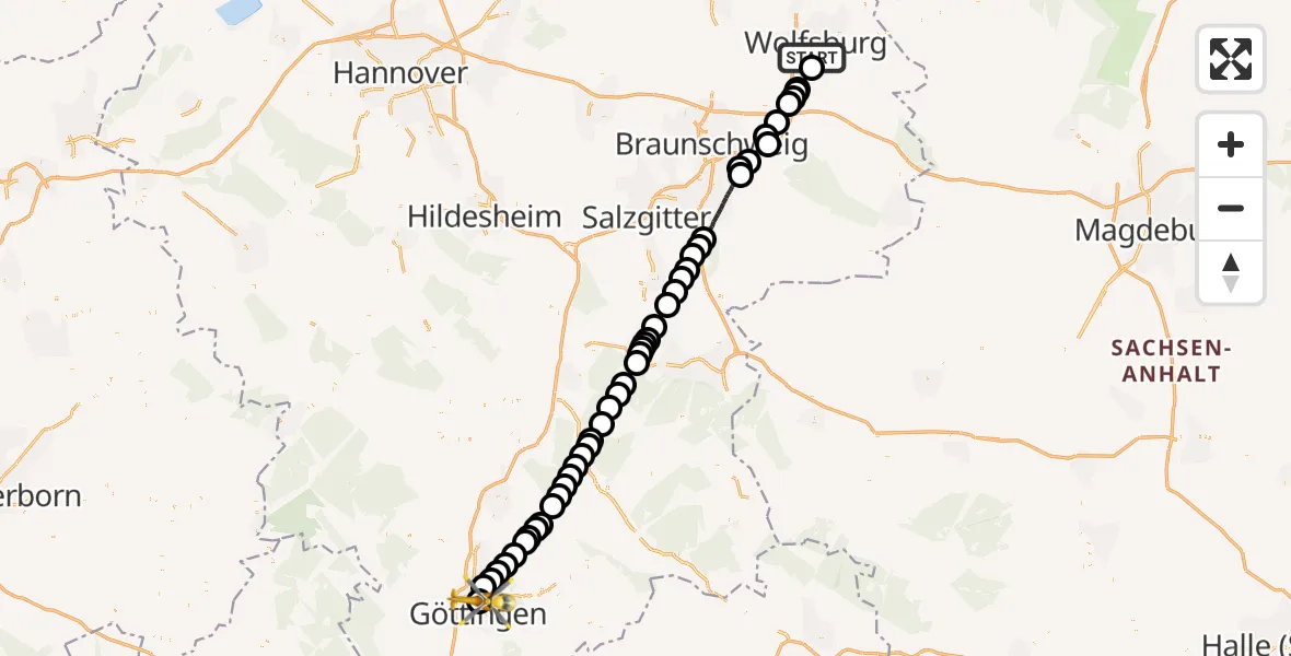 Flugroute Rettungshubschrauber Wolfsburg - Göttingen University Clinic Heliport, 05 März 2026, 12:22