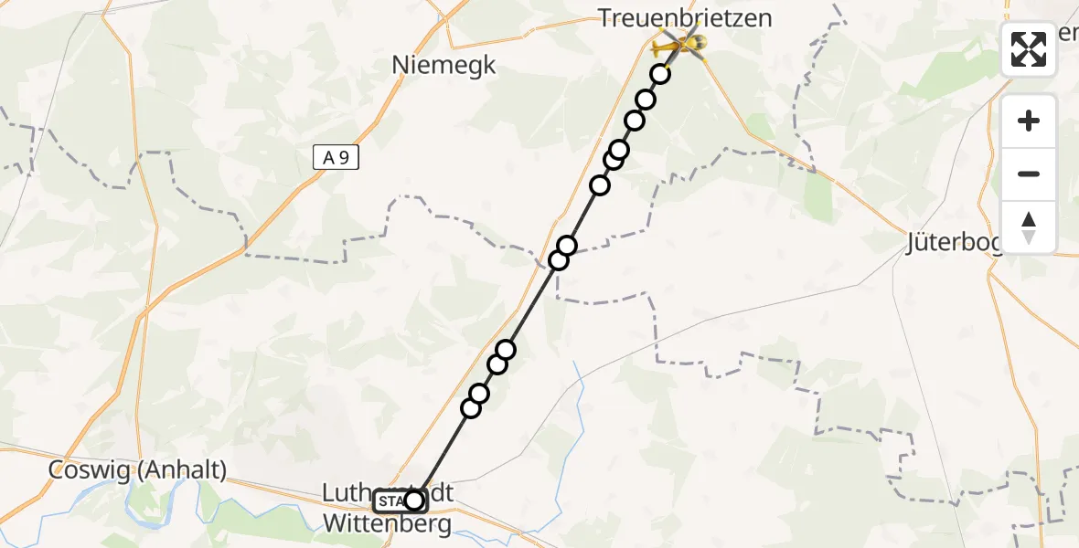 Flugroute Rettungshubschrauber Paul-Gerhardt-Stift Evangelical Hospital Heliport - Treuenbrietzen, 05 März 2026, 12:35